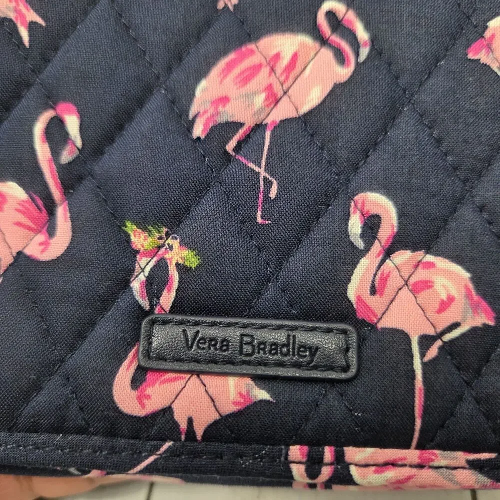 Vera Bradley Pink Flamingo Quilted Wallet Navy Blue RFID Multi Compartment GUC